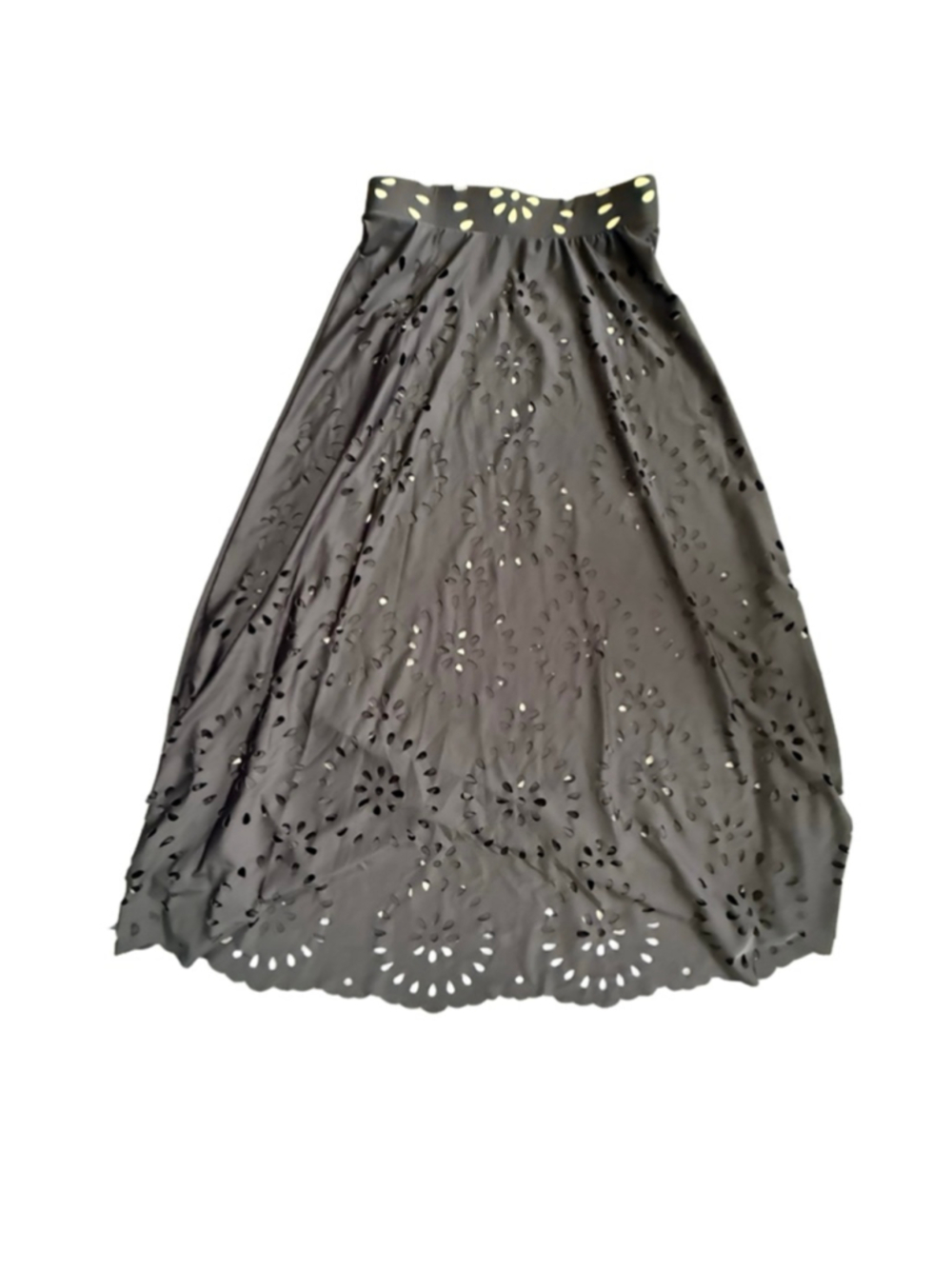 Black Laser Cut Floral Swim Coverup Maxi Skirt • OS